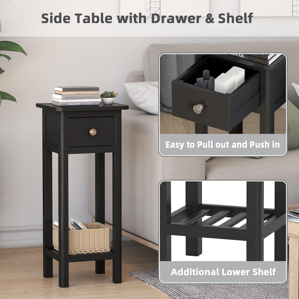 GORELAX Narrow End Table Set of 2 with Drawer & Shelf, Black V9015