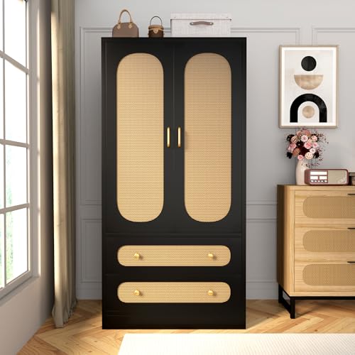 2 Door Rattan Wood Wardrobe with Drawers & Hanging Rail, Black A31157
