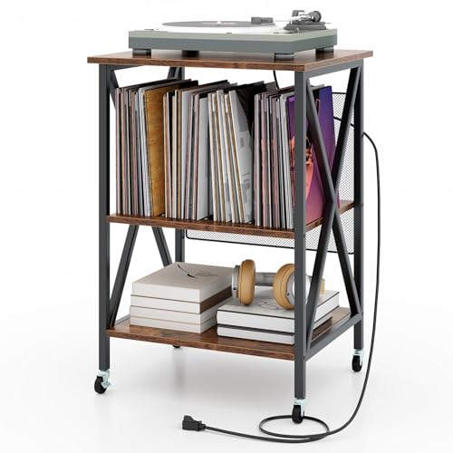 Giantex Record Player Stand with Charging Station, Turntable Stand with Record Storage & 4 Rolling Wheels, Vinyl Record Storage Table up to 250 Albums for Living Room, Bedroom (Rustic Brown)