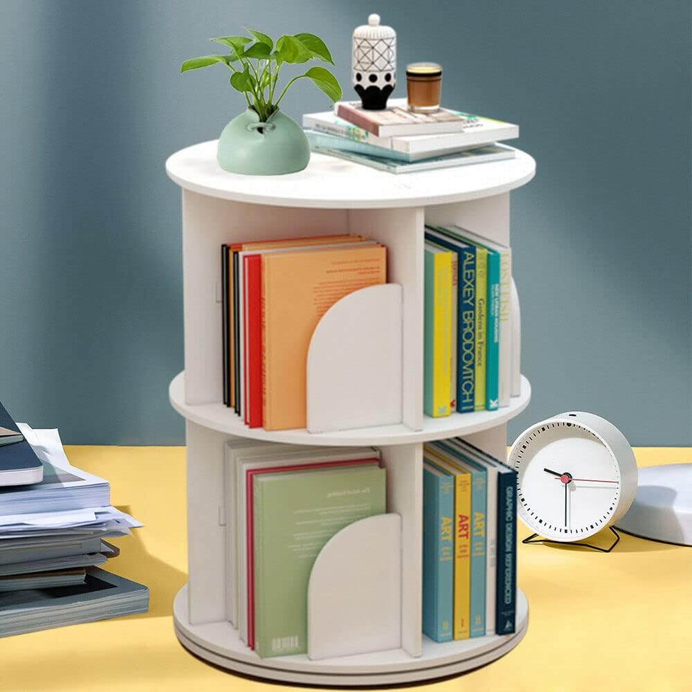 Rotating Bookshelf 2 Tiers Freestanding Storage Shelf, White A892