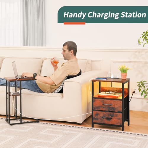 Yoobure Nightstand with Charging Station, LED Light, Fabric Drawers U936