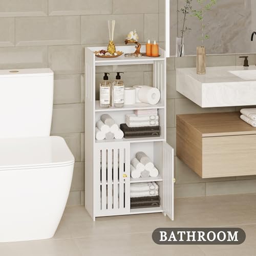 Bathroom Storage Cabinet 4-Tier Freestanding Organizer with Door, White V992