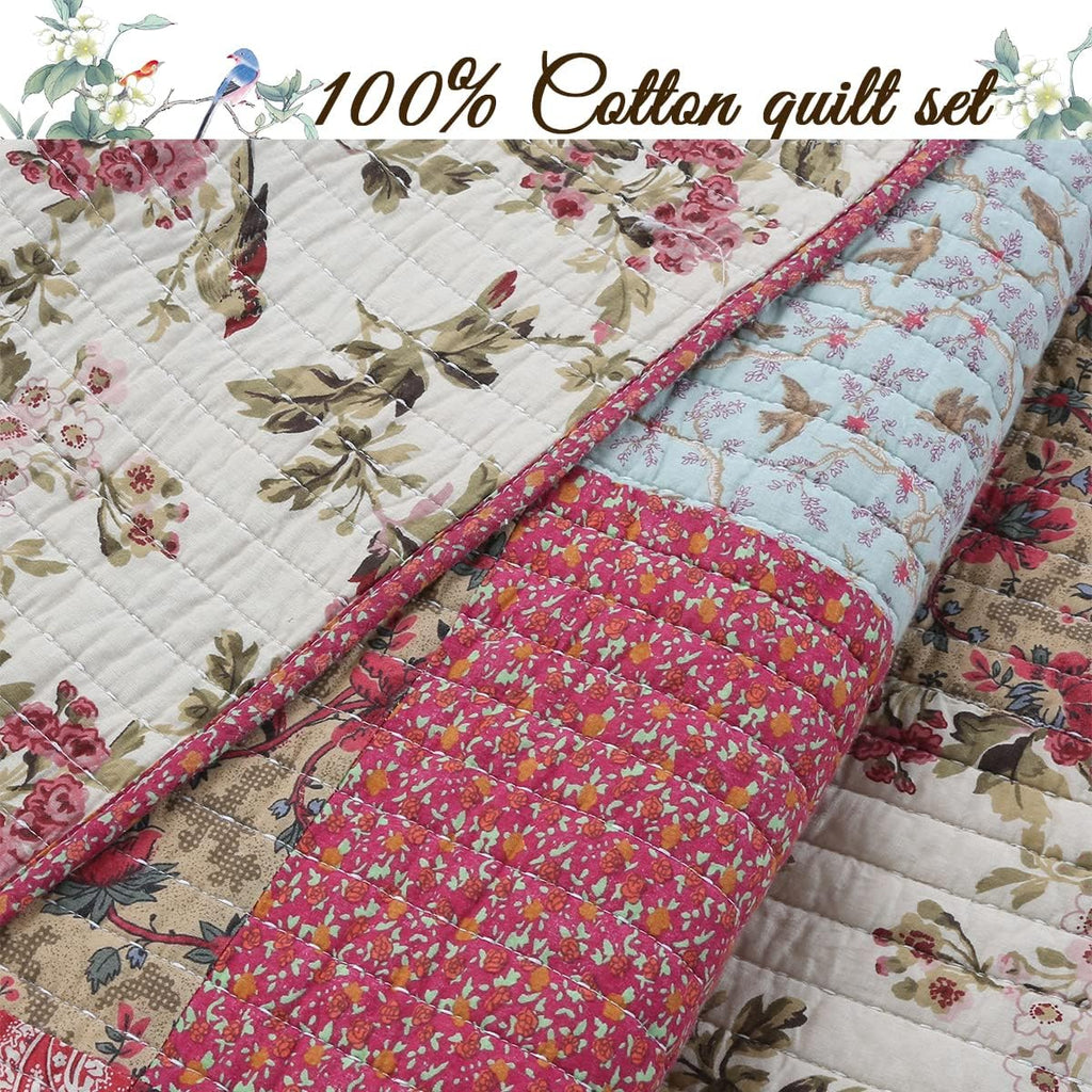 Cozy Line Home Fashions Adeline Red Teal Khaki Floral Cotton Reversible Coverlet Bedding Set Queen U44928