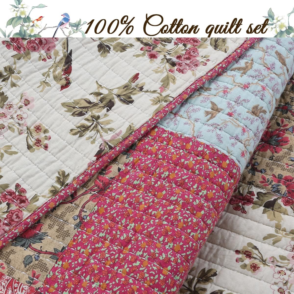 Cozy Line Home Fashions Adeline Red Teal Khaki Floral Cotton Reversible Coverlet Bedding Set Queen U44928