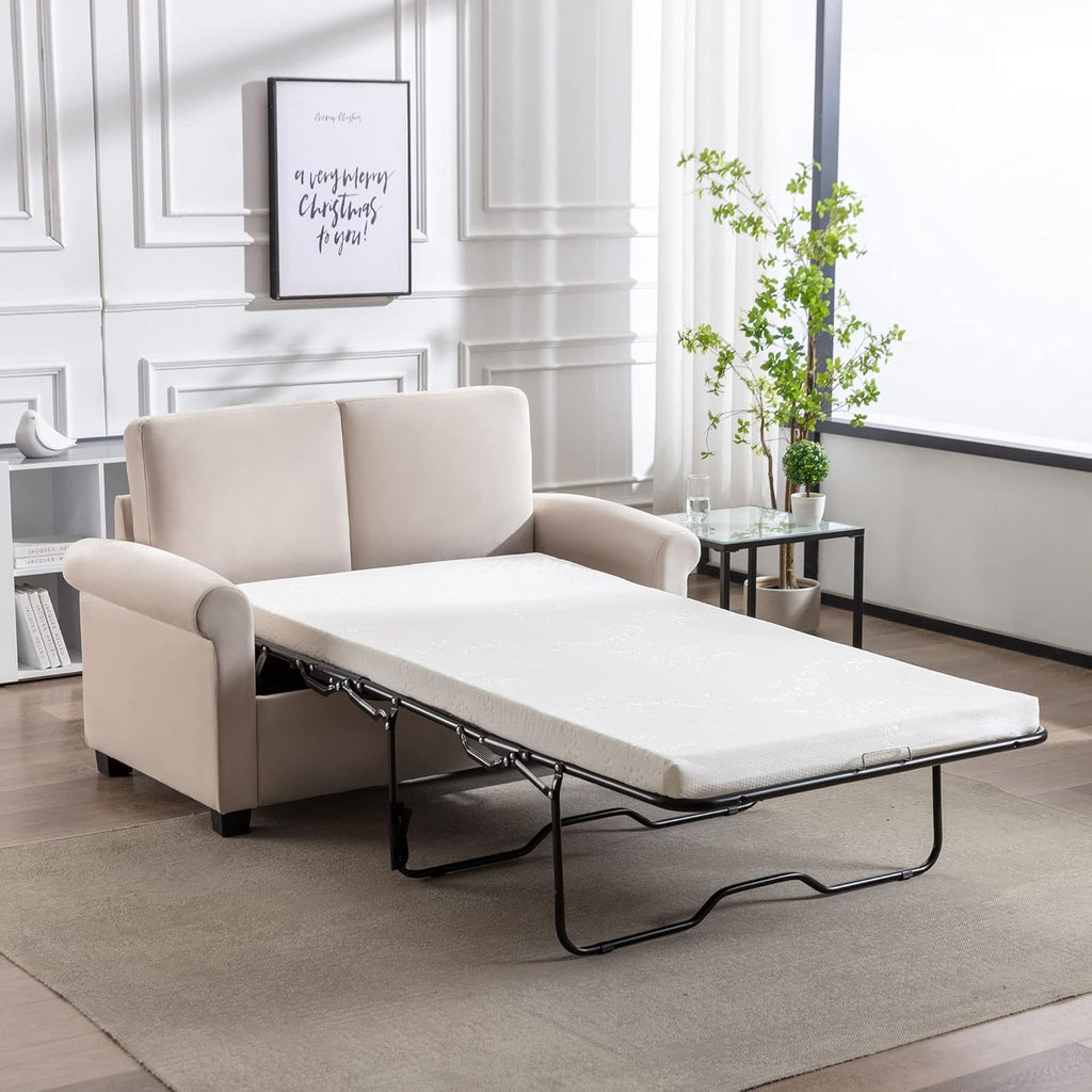 58.3" Pull Out Sofa Bed with Twin Mattress Pad, 2-in-1 Loveseat Sleeper, Beige White Y747