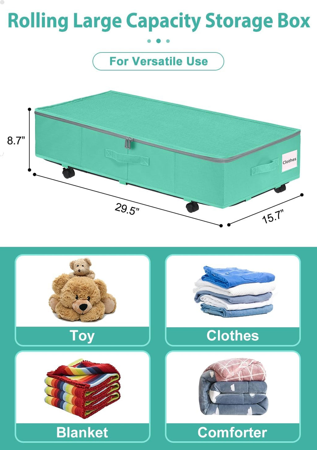 punemi Under Bed Storage Containers with Wheels, 2 Pack Large Foldable, Teal Blue Z4517
