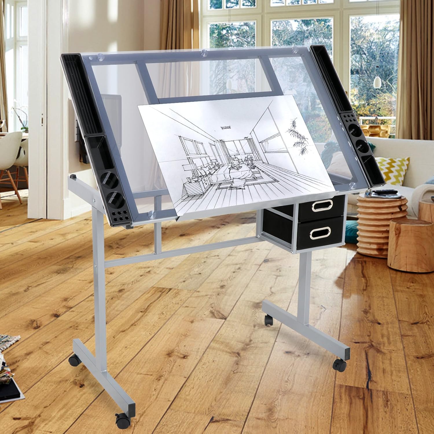 Height Adjustable Drafting Table with Storage Drawers and Wheels L24262