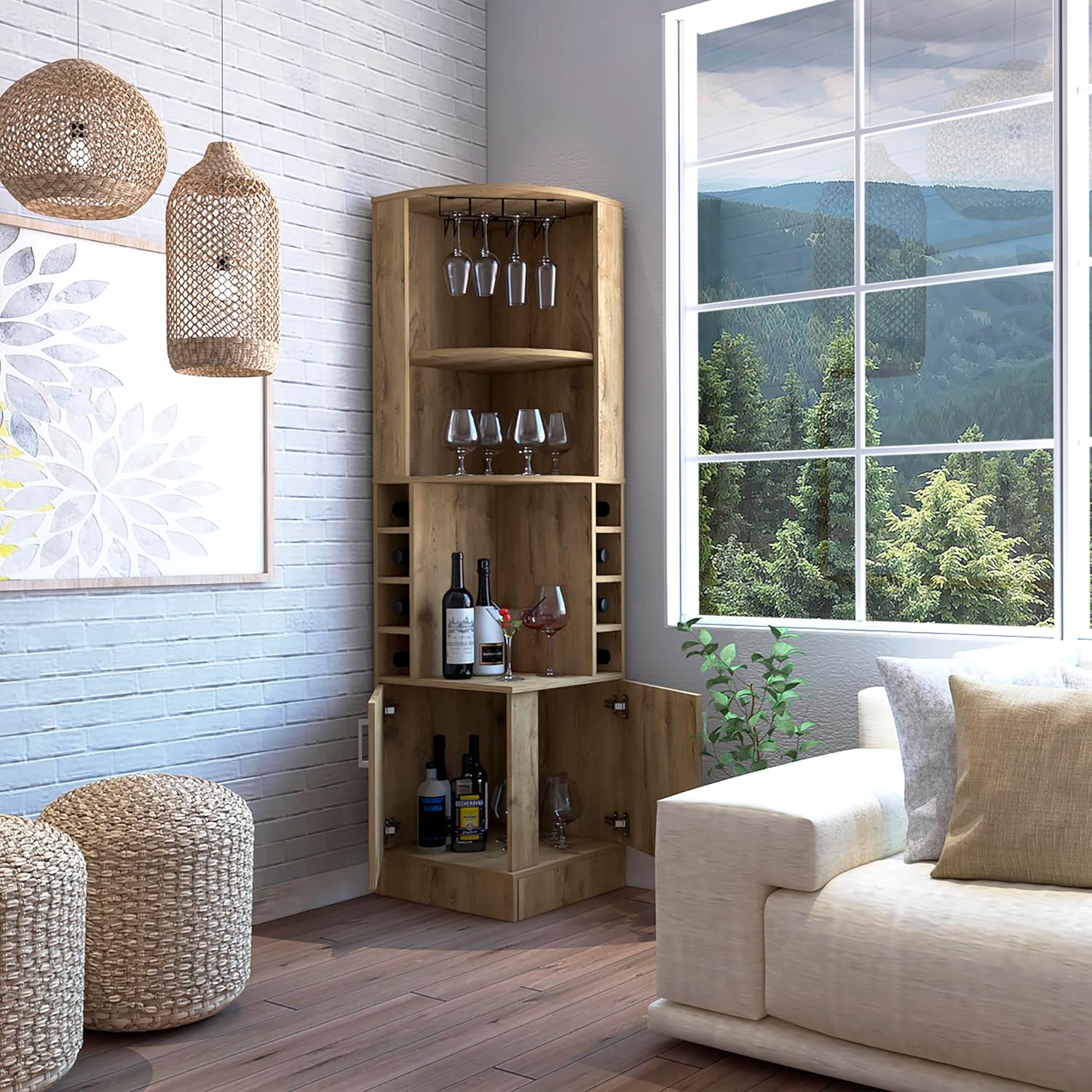 Corner Bar Cabinet with Wine Storage, Aged Oak K739