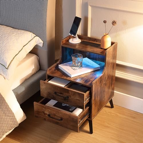 Nightstands Set 2 with Drawers, Solid Wood Legs, Bedside Tables for Bedroom U208