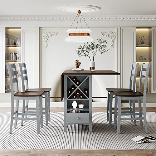 Counter Height Wood 5-Piece Dining Table Set with Drop Leaf, Space-Saving Kitchen Table Set with Wine Rack and Drawers, Rectangular Dining Table & 4 Chairs, Cherry+Gray