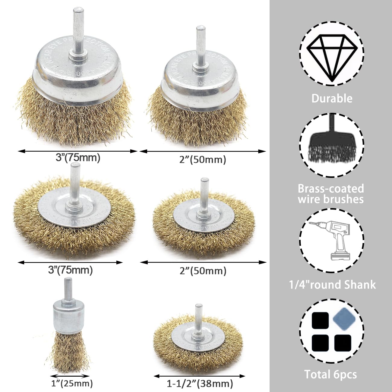 BeQell Brass-Coated Wire Wheel Brush Kit for Drill, 6pcs Cup Brush with 1/4-Inch Shank V32617