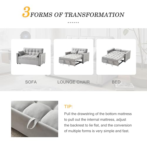 Convertible Sleeper Sofa Bed, Velvet Futon Couch with Adjustable Backrest, Beige K619012