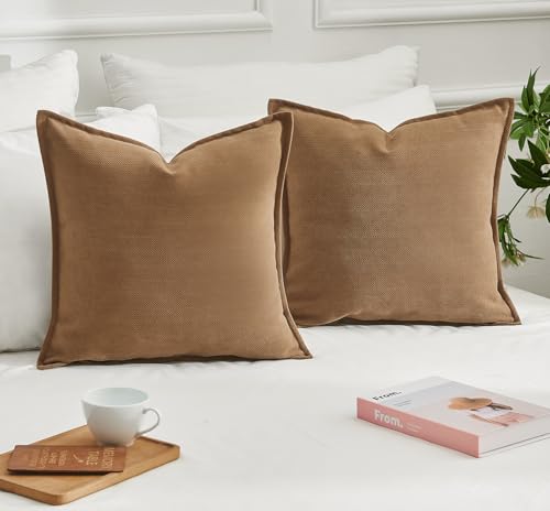 Throw Pillow Covers Neutral Khaki Set of 2 18x18 Inch Chenille Farmhouse Cushion Covers Q504