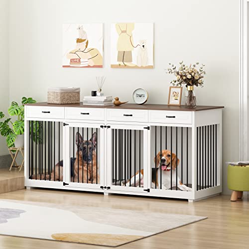 Large Dog Crate Furniture 86.6 Inch Wooden Kennel with Drawers & Divider, White E22647
