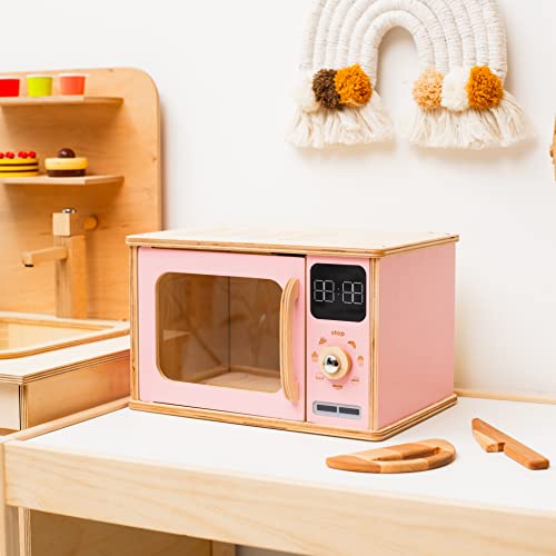 Wooden Kids Microwave Oven Montessori Toy for Toddler Play Kitchen Natural Wood Nursery Decor (Dark Walnut) J582