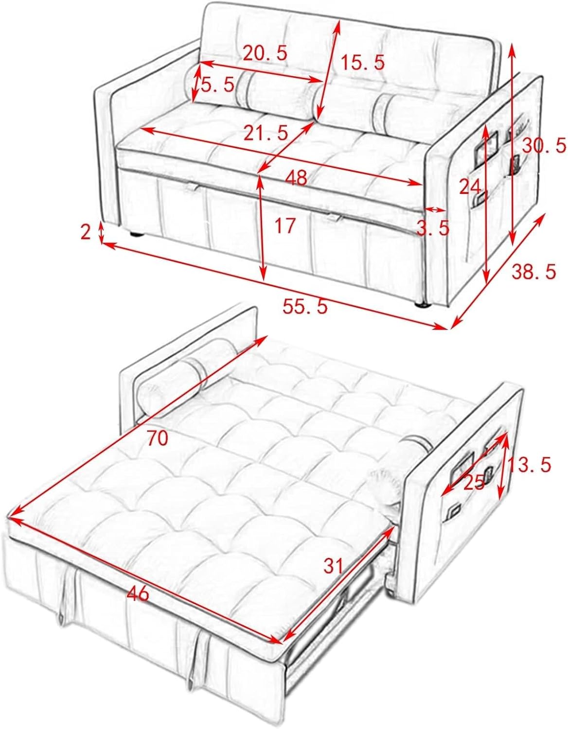 Modern 55.5" Pull Out Sleep Sofa Bed with Side Pockets, Beige K31338