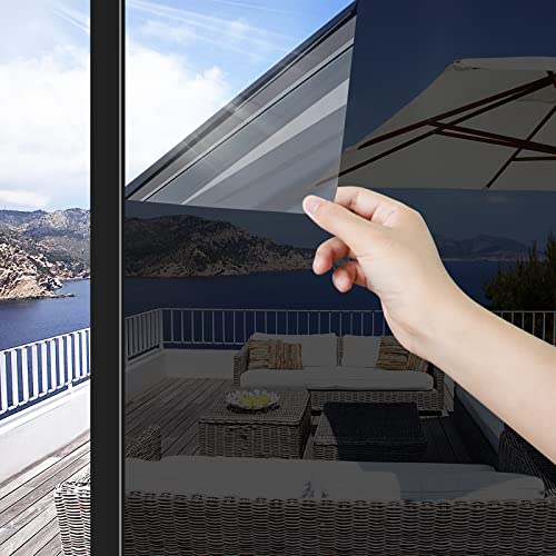 ConCus-T One Way Window Film Window Privacy Film, Heat Control Sun Blocking Anti UV Daytime Privacy Mirror Window Tint for Home, Static Cling Window Sticker, Black, 23.62Inch X 13.1Feet