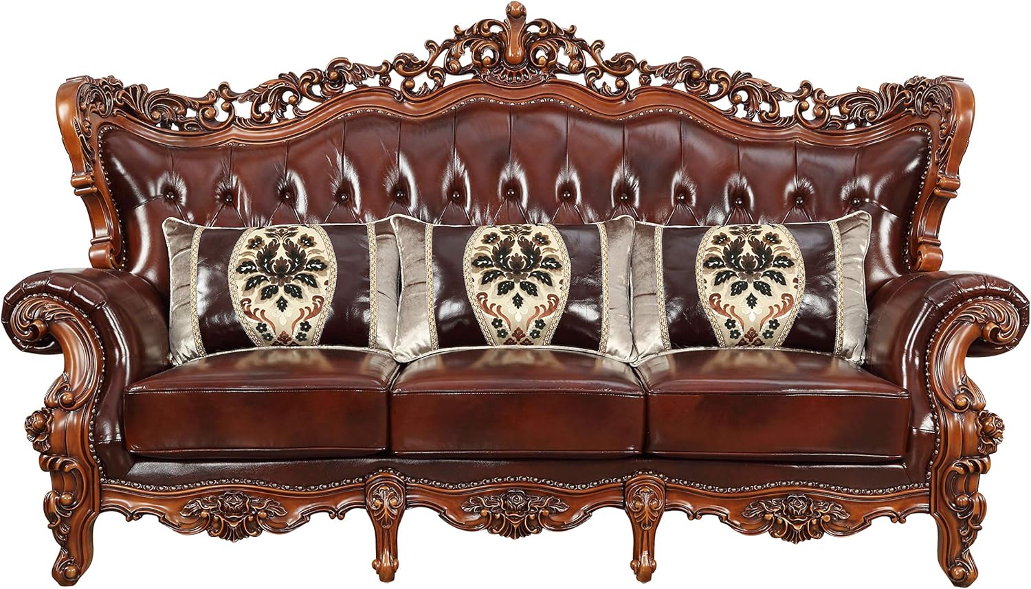 Acme Furniture Eustoma Sofa, Cherry Leather Match, Walnut Wood Trim P2901