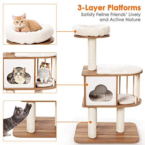 Tangkula Modern Wood Cat Tree, 46 Inches Cat Tower with Scratching Posts A163