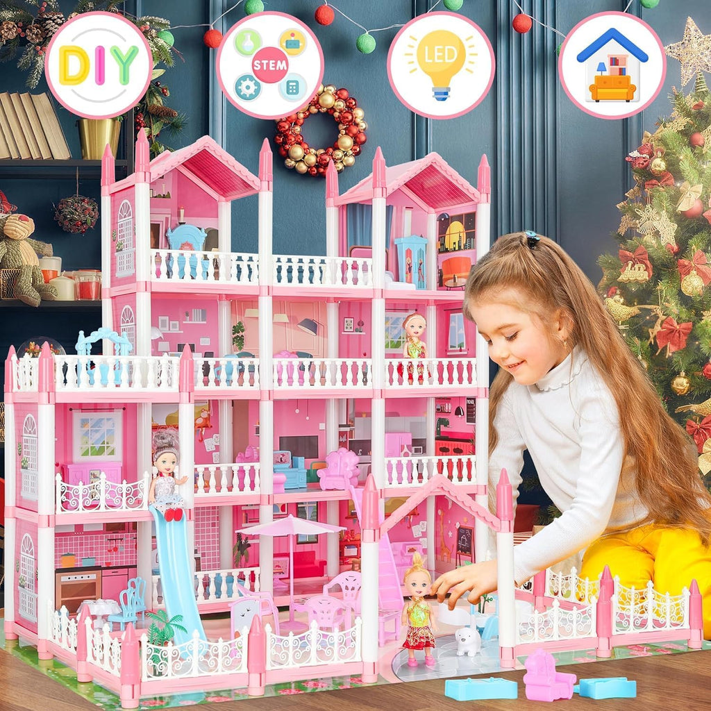 Doll House 4-Story 15 Rooms Playhouse with 3 Dolls, Lights, Furniture and Accessories R44733