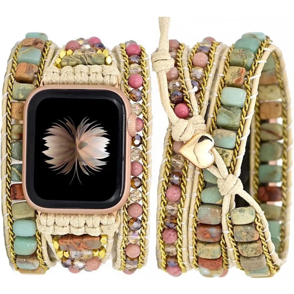 Handmade Beaded Boho Watch Band, Boho Watch for women, Bracelet Compatible with Apple Watch 38mm/40mm/41mm/42mm/44mm/45mm-Watch Strap for Iwatch Series 8/7/6/5/4/3/2/1/SE (42/44/45mm, Mahogany Grain)