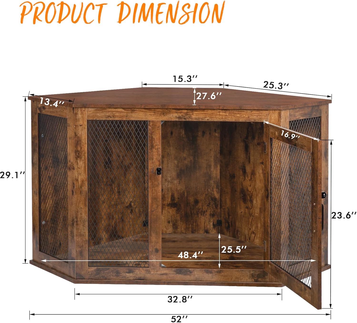 PUKAMI Corner Dog Crate Furniture 44/52 inch Wooden Dog Kennel with Mesh J532184