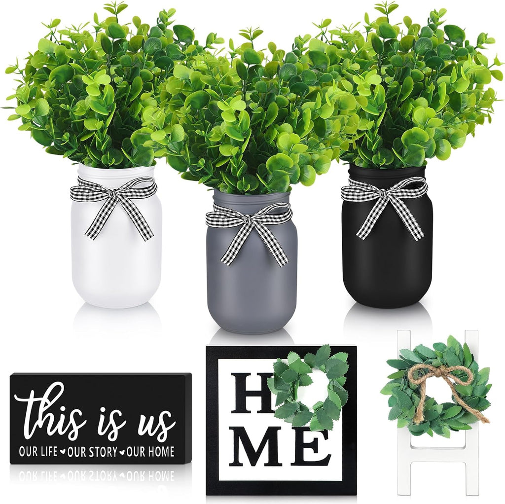 Jexine 12 Pcs Eucalyptus Mason Jar Table Centerpieces Farmhouse Tiered Tray Decor Home Table Decor This is US Wooden Signs Decorative Spring Summer Decor for Table Home Wedding Dining Kitchen Decor