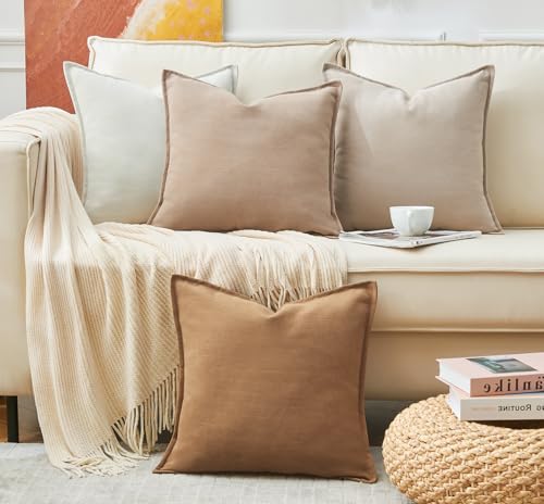 Throw Pillow Covers Neutral Khaki Set of 2 18x18 Inch Chenille Farmhouse Cushion Covers Q504