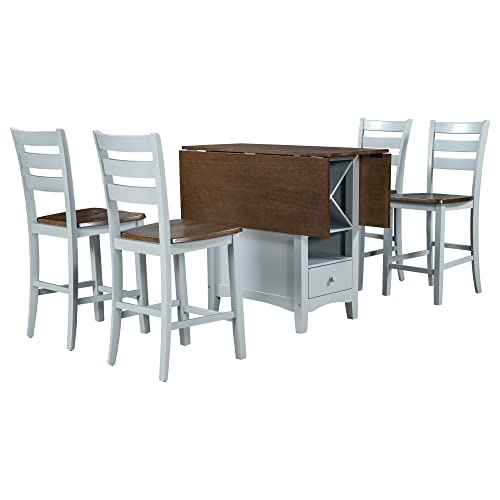 5-Piece Counter Height Wood Dining Table Set with Drop Leaf and Wine Rack J4100
