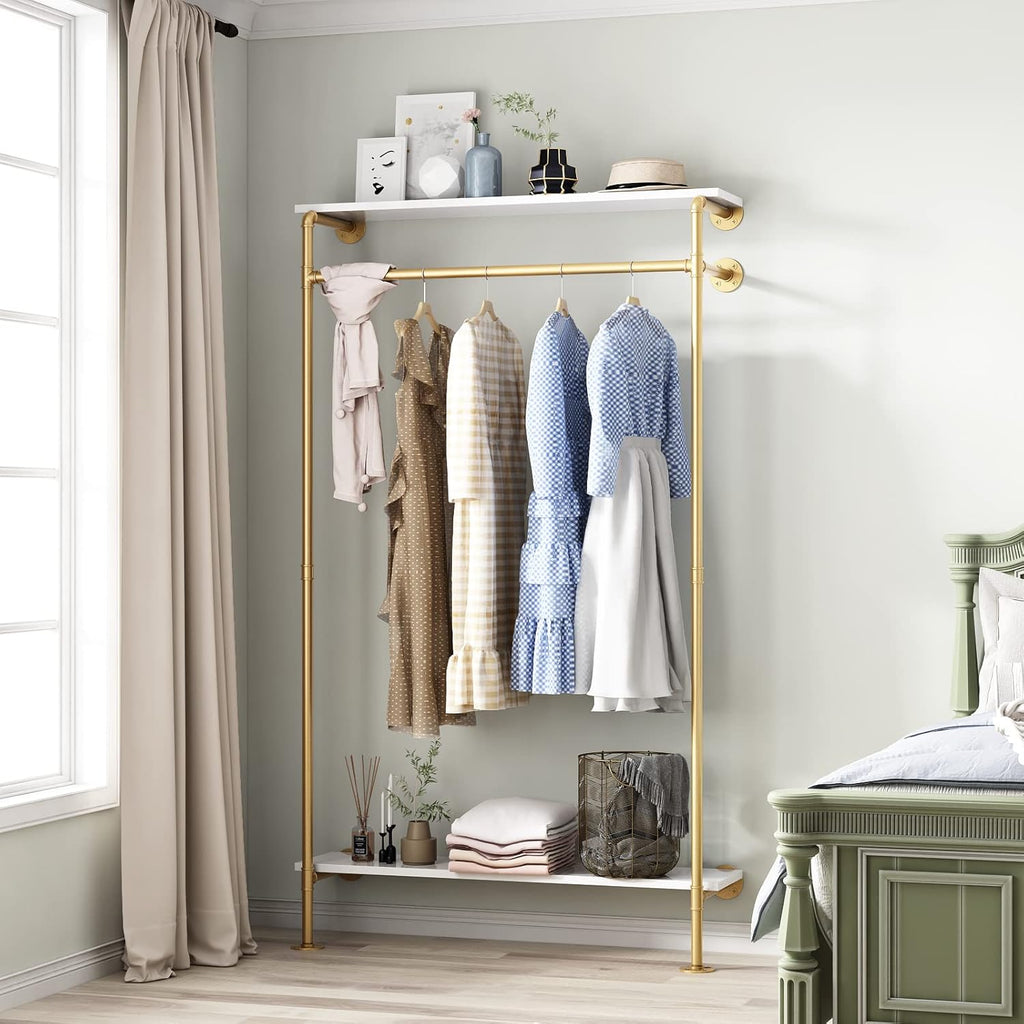 HOMEKAYT Industrial Wall Mounted Clothing Rack with 2-Tier Wooden Shelves, Gold Y32039