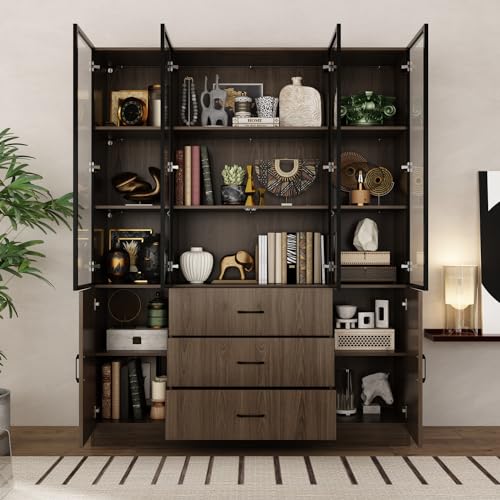 AIEGLE Lighted Kitchen Pantry Cabinet with Glass Doors, 3 Drawers, Dark Brown P185