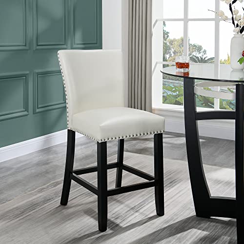 Glass Counter Height Bar Table Stools Set of 2, 42" Round Tempered Glass Top, Ivory White L952459