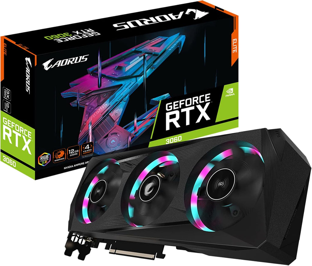 GIGABYTE AORUS GeForce RTX 3060 Elite 12G (REV2.0) Graphics Card, 3X WINDFORCE Fans, 12GB 192-bit GDDR6, GV-N3060AORUS E-12GD Video Card