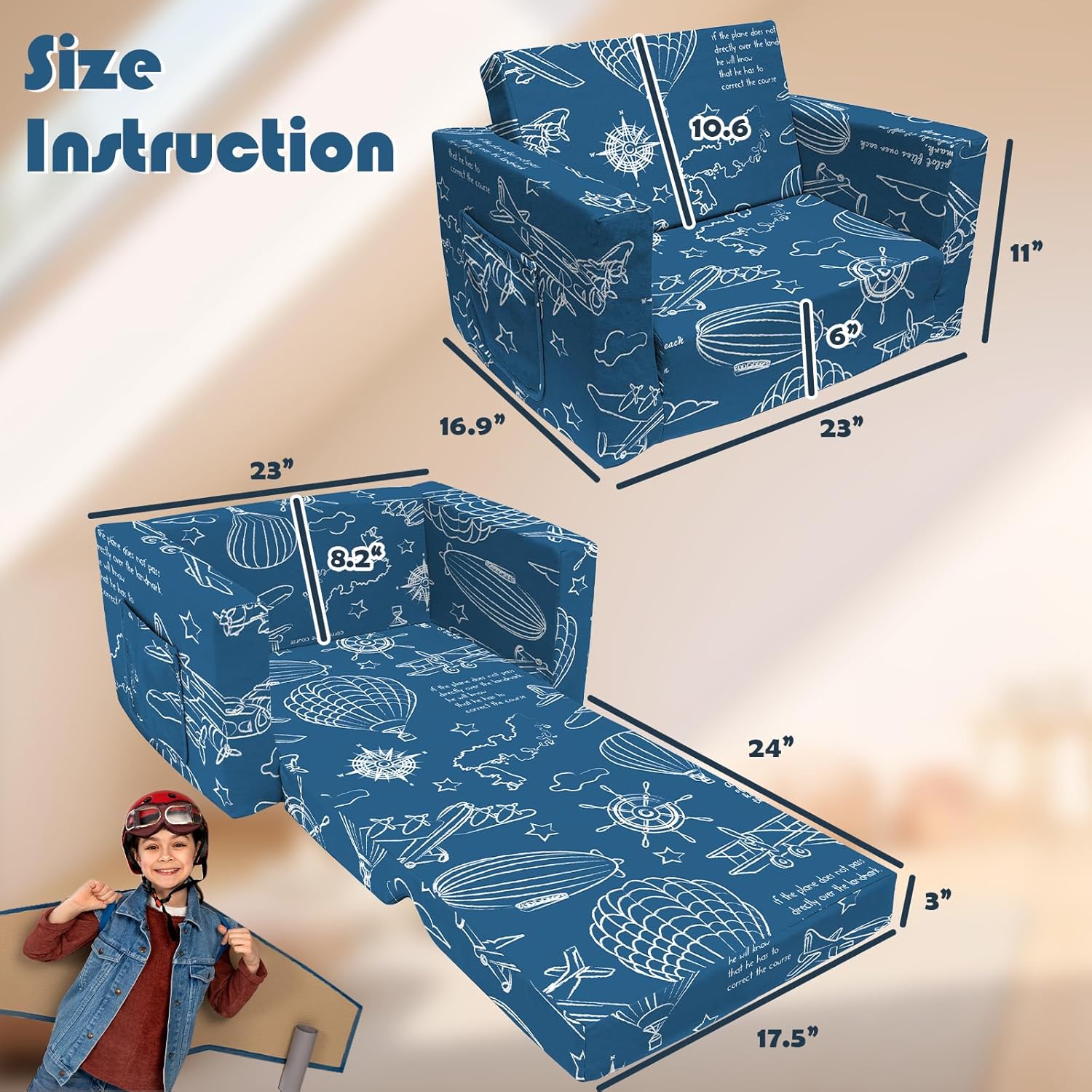 Extra Soft 2 Seats 2 in 1 Flip Open Chair & Sleeper, Cute Dinosaur Print for Toddlers (Blue-Balloon) Y574