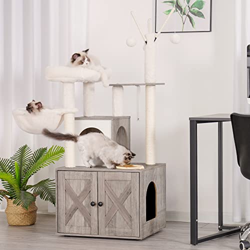 Heybly Cat Tree with Litter Box Enclosure and Food Station, Rustic Brown G73707
