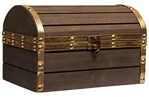 Wood and Leather Treasure Chest Jewelry Box with Latch, Vintage Handmade, Darker Brown and Gold O1543