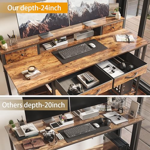 Treesland 55 Inch Computer Desk with Monitor Shelf and 4 Drawers, Brown H215288