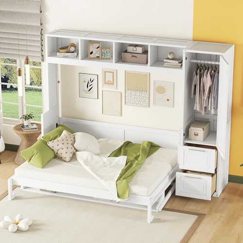 Merax Gray Murphy Bed Wall with Closet and Drawers, Queen T86584