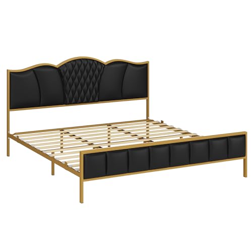 King Bed Frame with Headboard, Faux Leather, Tufted, No Box Spring Needed A8278