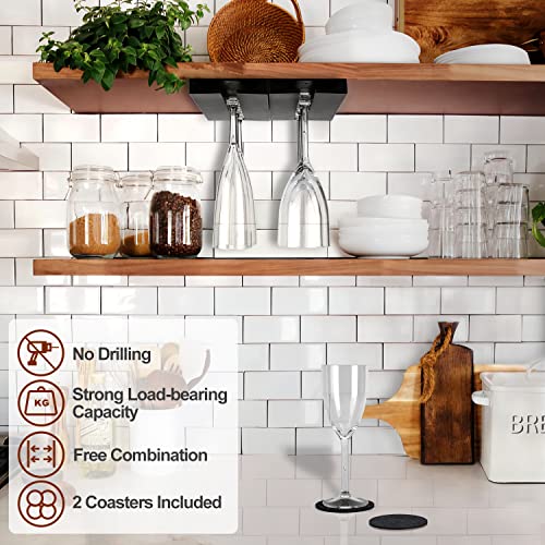 Plastic Wine Glass Rack Under Cabinet, 4 Pack with Coasters, Black W5934