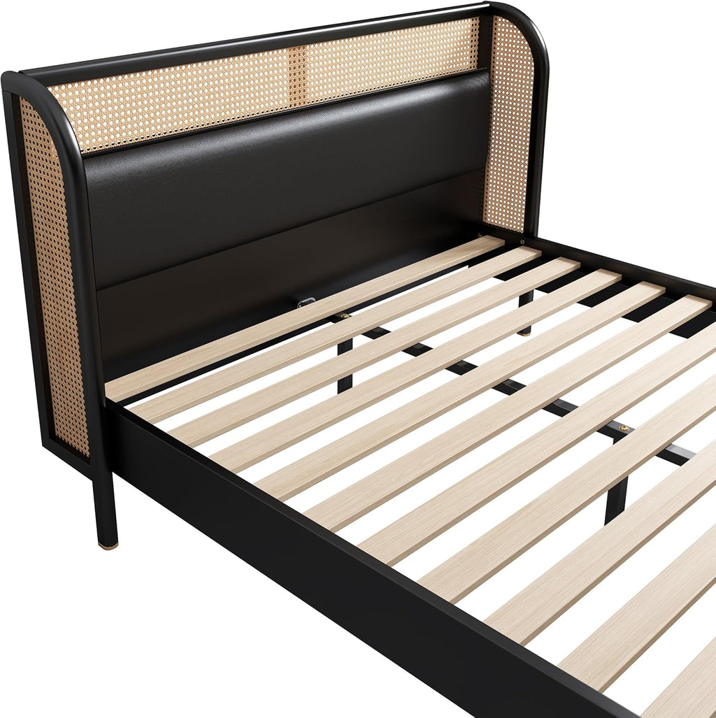Rattan Platform Bed Queen Size with Wingback Headboard, Wooden Slats V12100