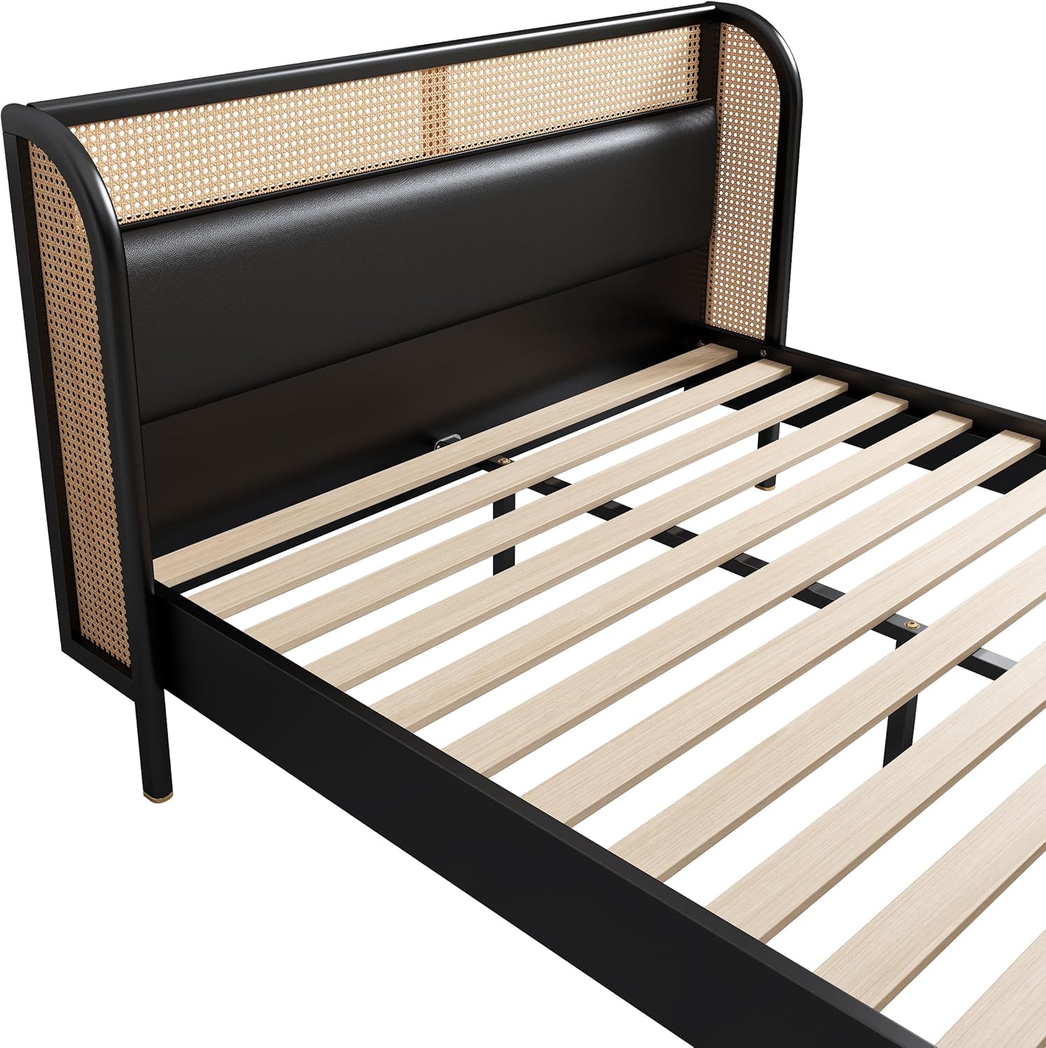 Rattan Platform Bed Queen Size with Wingback Headboard, Wooden Slats V12100