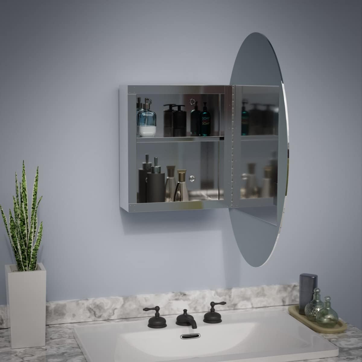 Oval Wall Mounted Medicine Cabinet Brushed Stainless Steel with Mirror 26" x 18" G691298