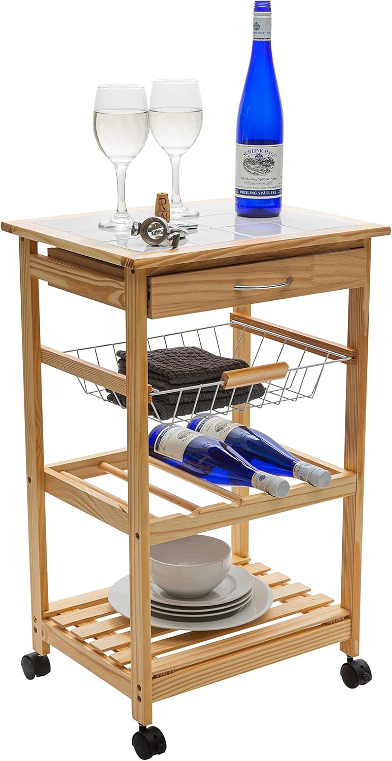 Natural Pinewood Mobile Kitchen Cart with Tile Top, Light Tan C8472