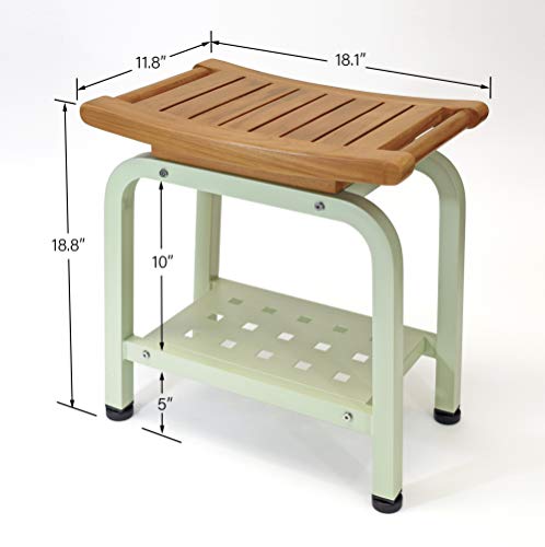 Ritz Shower Bench Teak & Aluminum Stool with Storage Shelf, Light Sage W40022