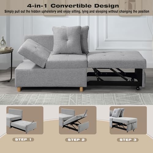 Pull Out Sleeper Sofa Bed Chair 4-in-1 Convertible, Linen Fabric Loveseat with 2 Throw Pillows, Light Gray B7065