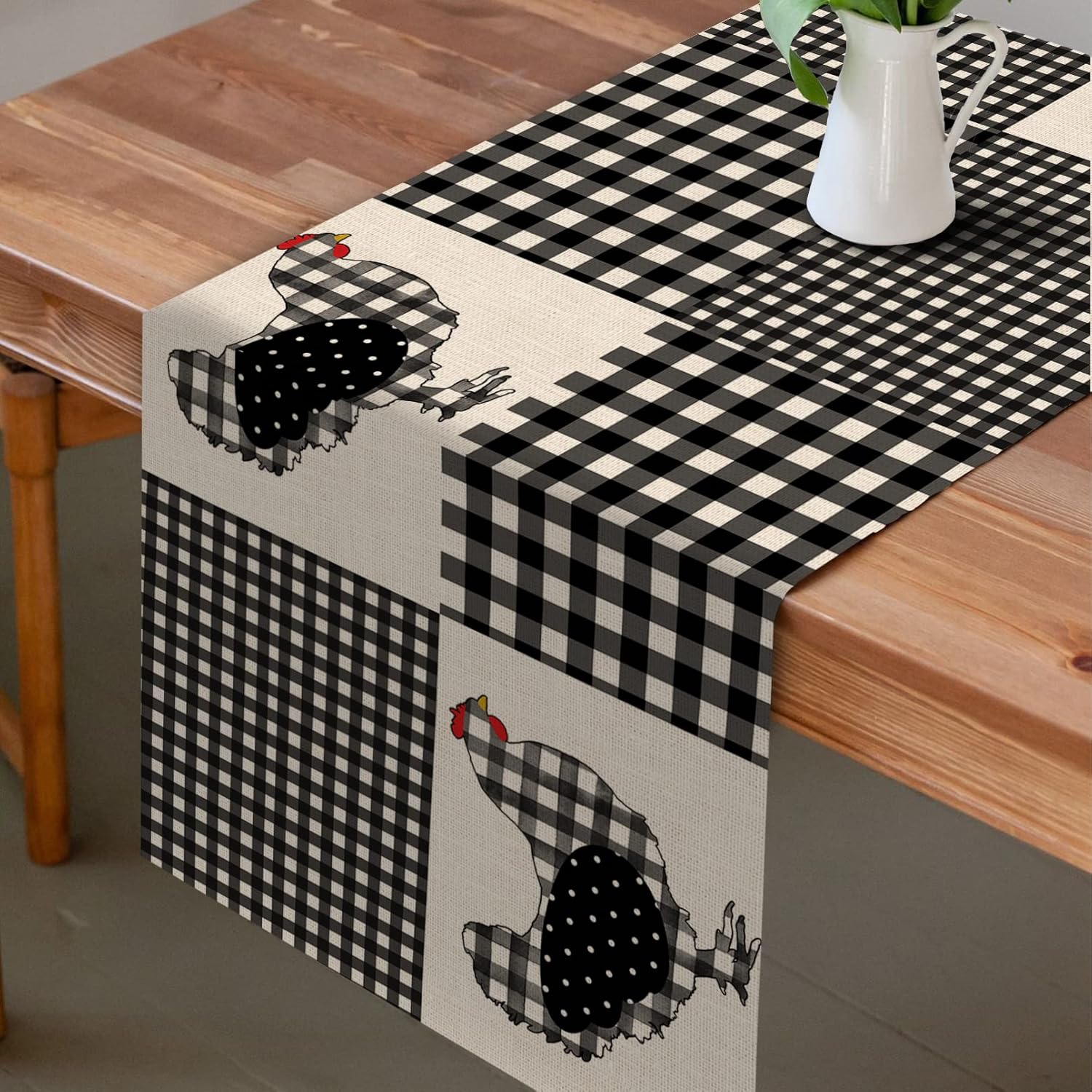 Seliem Farm Animal Chicken Hen Black White Buffalo Plaid Table Runner 13x72 K645263