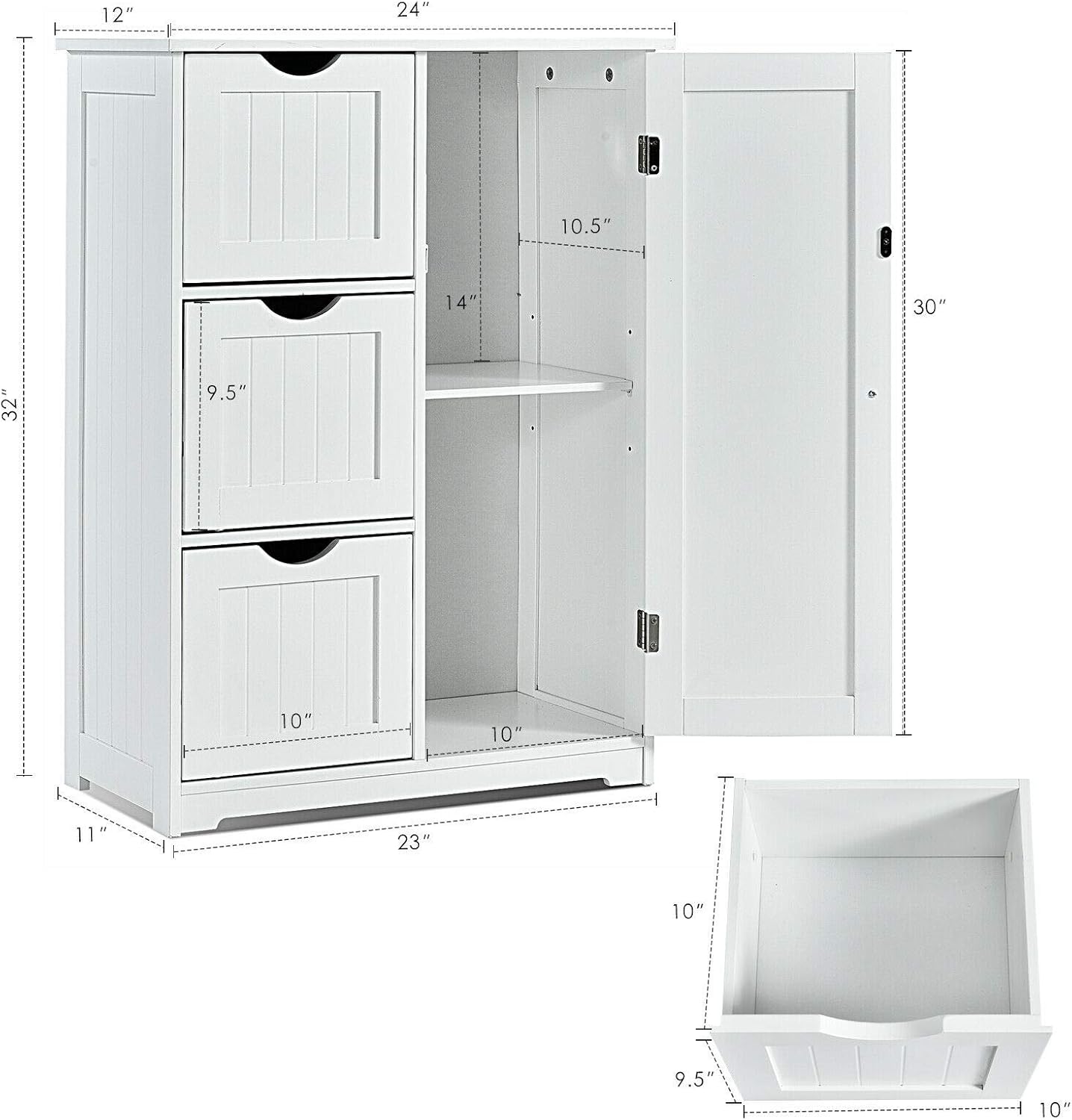 Freestanding Bathroom Floor Cabinet with 3 Drawer Storage White C680