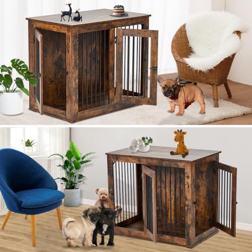 Wooden Double Dog Crate Furniture with Divider for 2 Rooms S291