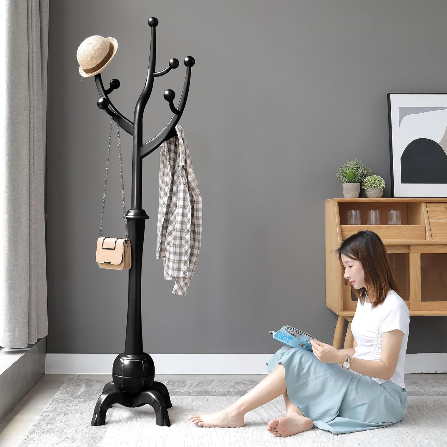 Heavy Duty Freestanding Wood Coat Rack with 8 Hooks, Black P4885